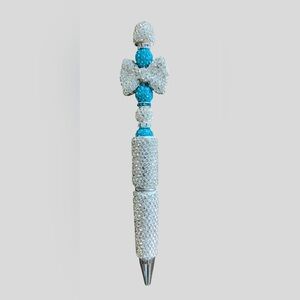 Handcrafted Rhinestone Sparkle Silver-Tone & Blue Beaded Pen Black Ink NEW